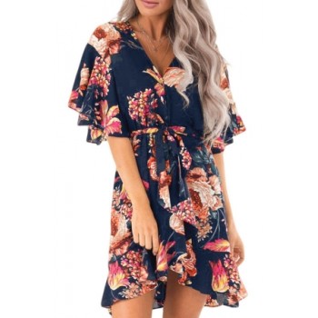 Apricot Floral Print V Neck Wrap Dress with Ruffle Sleeves